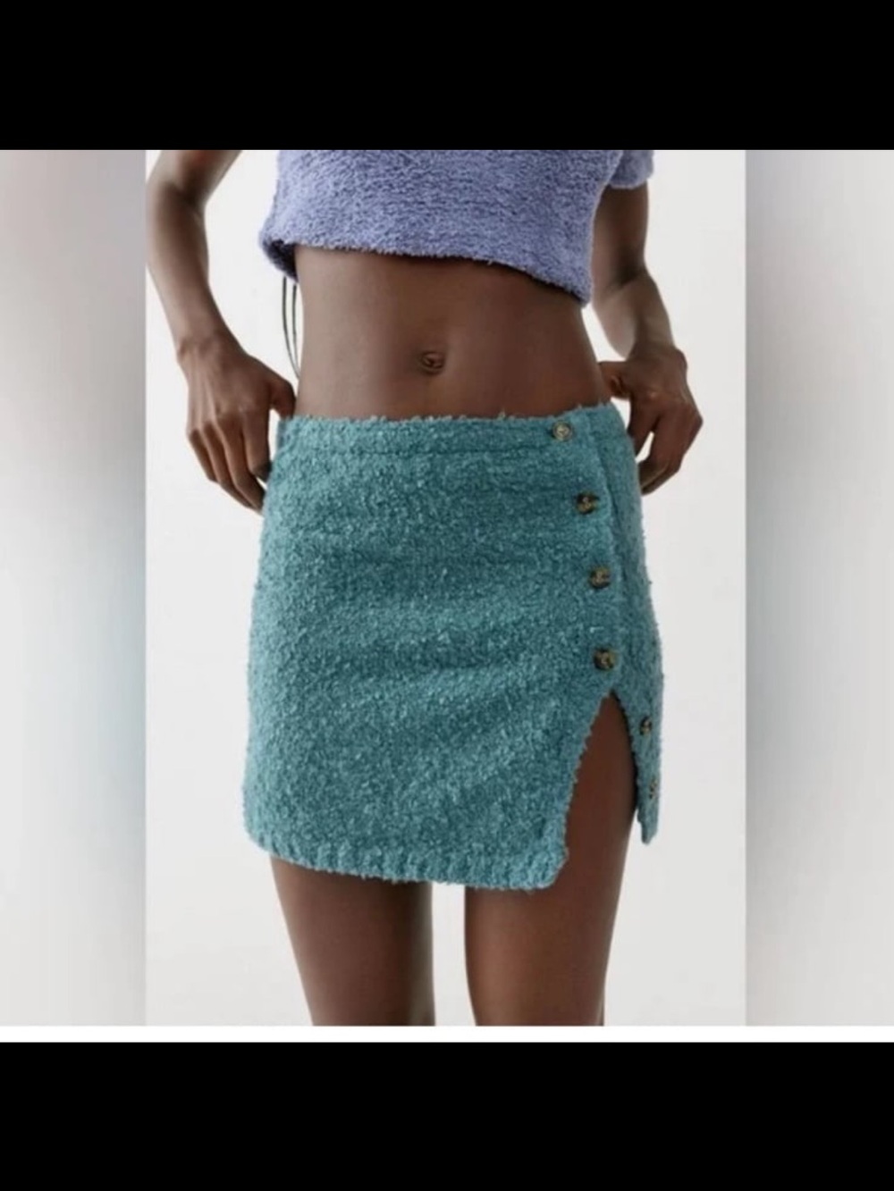 Urban Outfitters Mini Skirt Aster Fuzzy Knit Buttons Blue Small UO Textured Teal